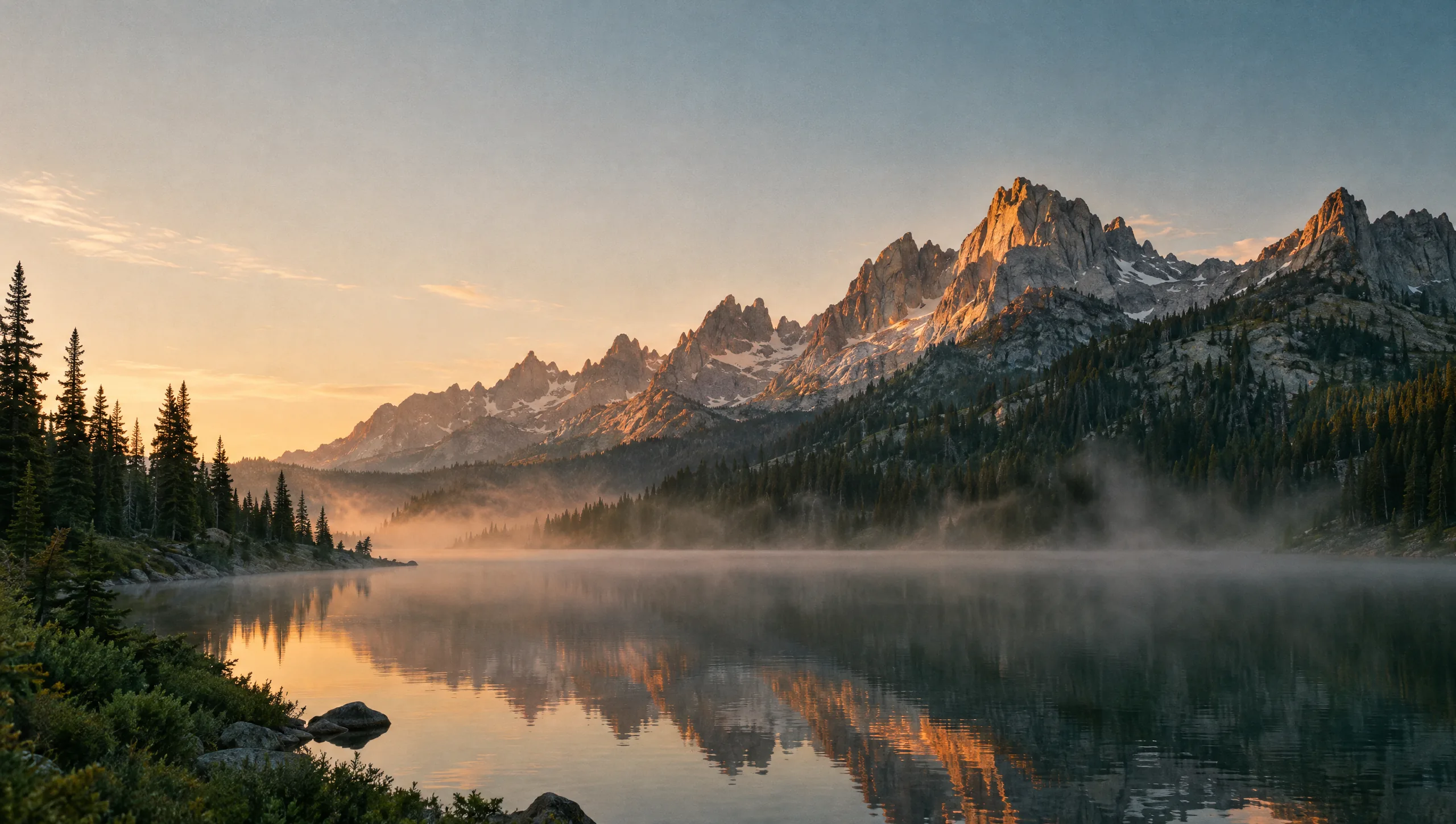 Dawn light on the Sawtooth Mountains above a misty alpine lake in Idaho